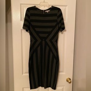 Black and grey striped stretch knit exposed zipper dress